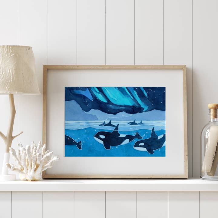 Orcas Northern Lights Print for wholesale by Studio Tuesday