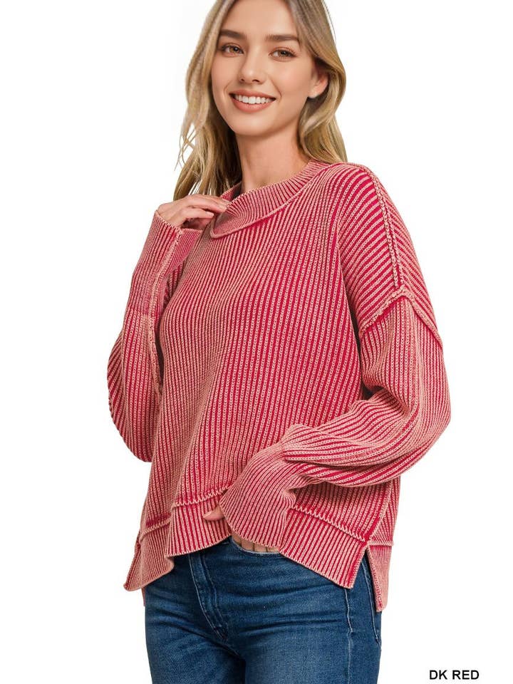 42POPS - Wholesale Knit Sweater - Women's - ....1014 Washed Side Slit Oversized Cropped Sweater SI-265102