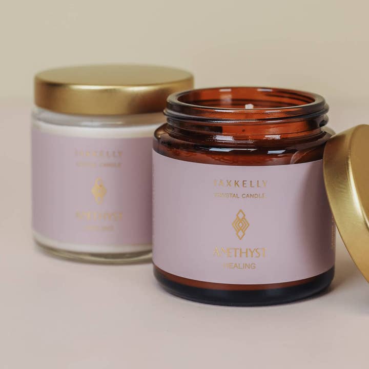 JaxKelly Candles - Wholesale Jar/Filled Candle - 4oz Amber Crystal Candles - Amethyst - Healing0