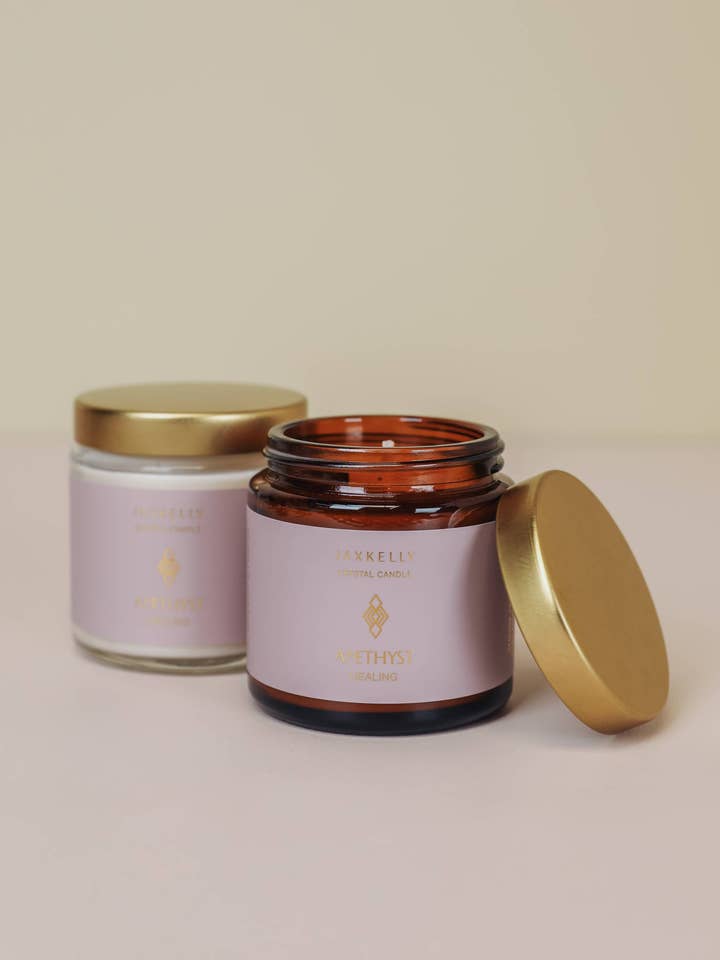 4oz Amber Crystal Candles - Amethyst - Healing for wholesale by JaxKelly Candles