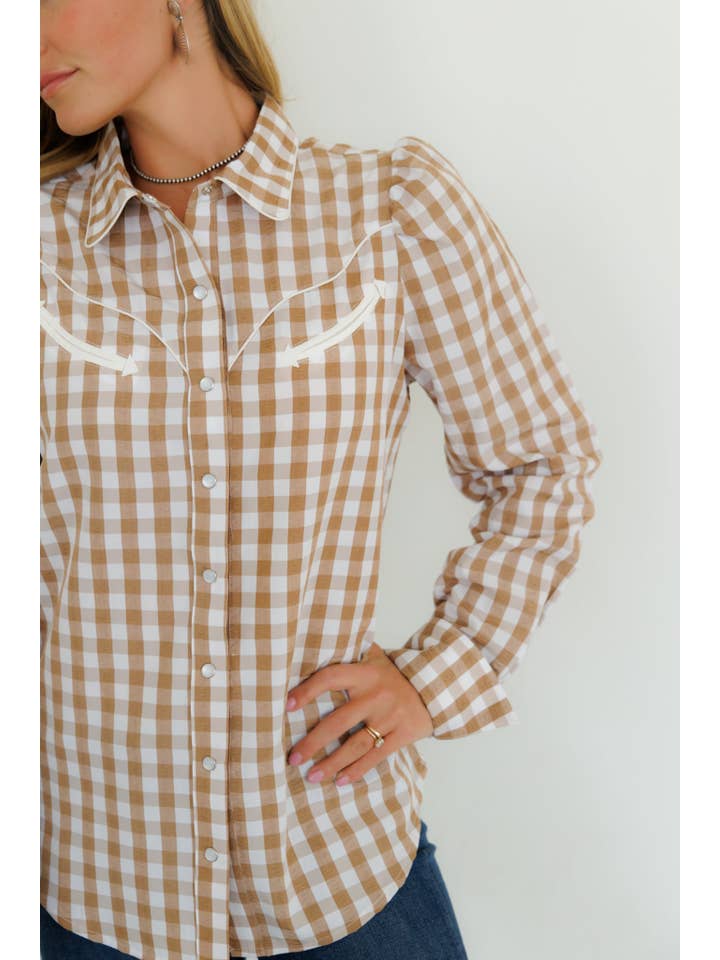 Crazy Consuela - Wholesale Button Down Shirt - Women's - Pearl Snap, Brown Gingham Western LS HH2708 (Pack OF 7)2