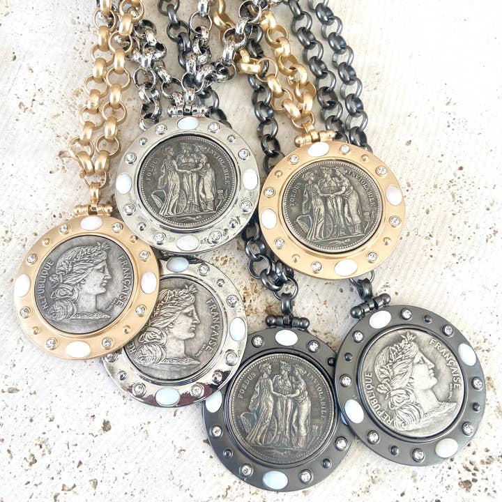 French coin necklace medallion jewelry for wholesale by VB&CO Designs Handmade Jewelry