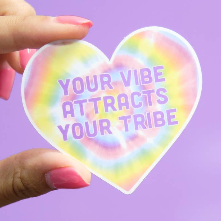 Your Vibe Attracts Your Tribe Tie Dye Heart Vinyl Sticker for wholesale by Vibe Stickies
