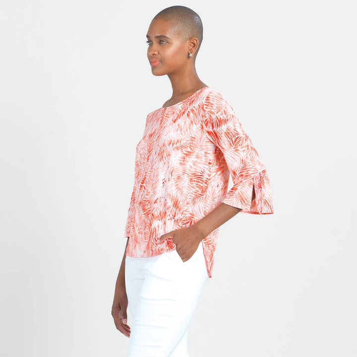 CORAL WHITE T16P10 - Light Knit - Tie Cuff Top - Palm Branch-Coral for wholesale on Faire