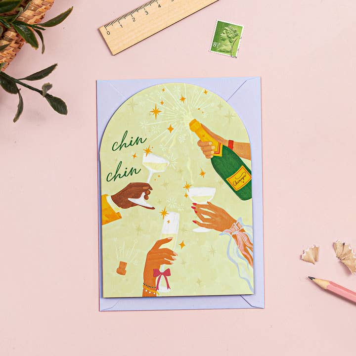 Congrats Card | Chin Chin Champagne Cheers Greeting Card for wholesale by Vero Illustrates Art Prints and Greeting Cards