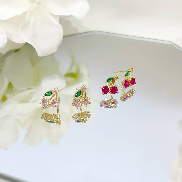 Melange Blanc - Wholesale Stud/Post Earrings - E103 cherry studs, fruit earrings, cherry stud earrings