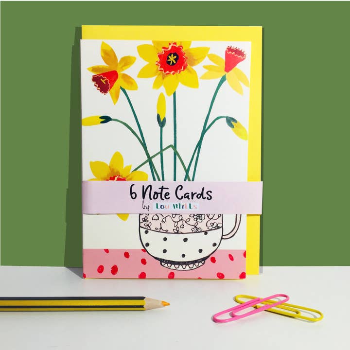 Notekort - 6-pakke - Påskeliljer i vintage tekop for engroshandel hos Lou Mills