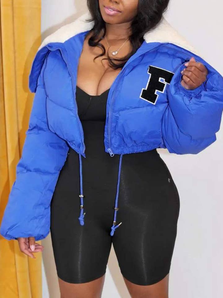 letter embroidery long sleeve zip up puffer jacket for wholesale by Queen Fashion