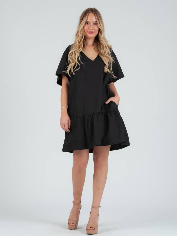 Vestido de popelina negro para mujer para venta al por mayor de Lucca Couture