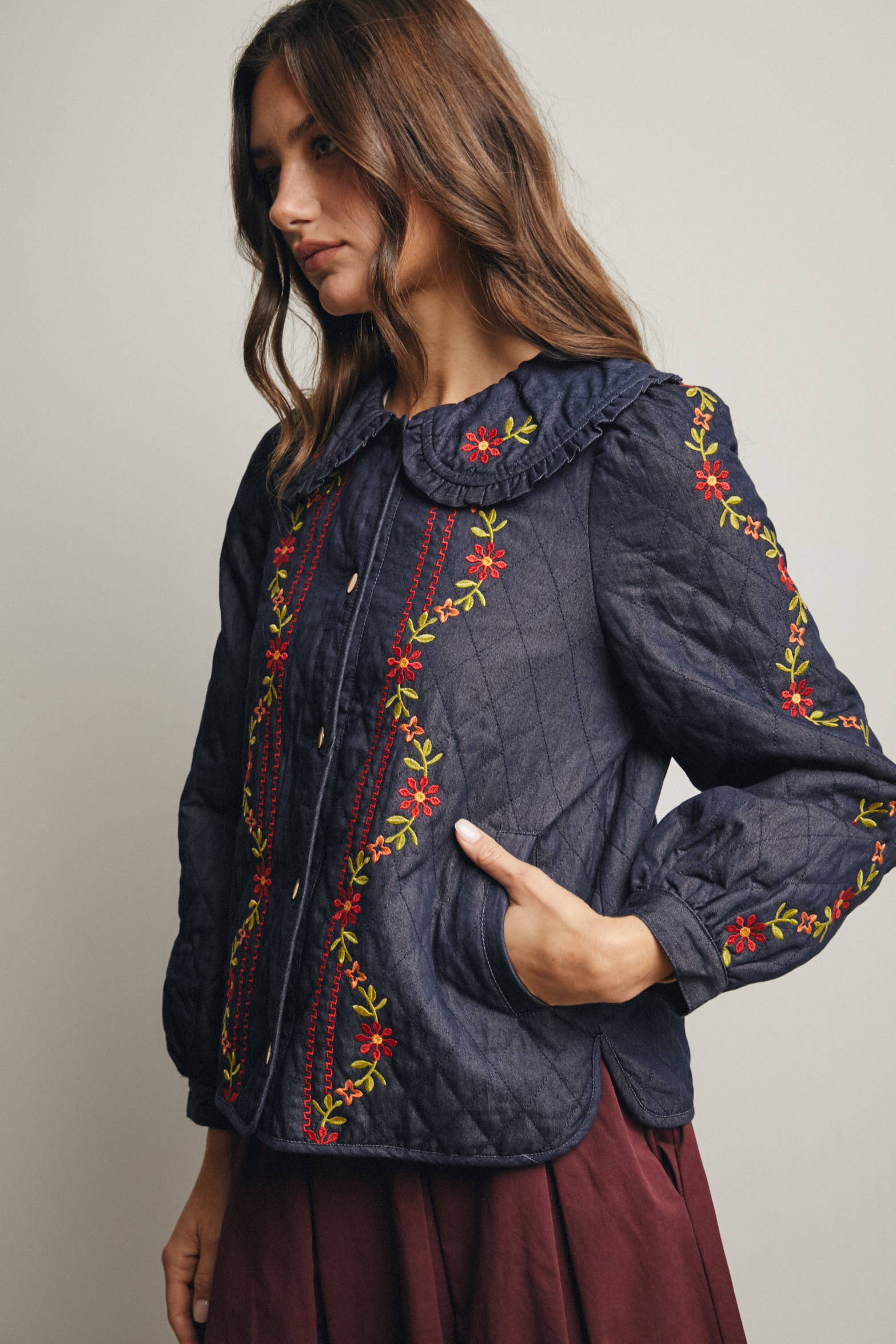 Midnight Indigo Embroidered Quilted Denim Jacket FJ0008 for wholesale on Faire10