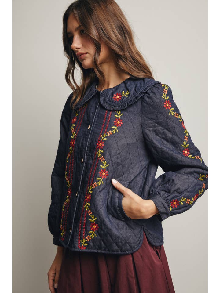 Midnight Indigo Embroidered Quilted Denim Jacket FJ0008 for wholesale on Faire10