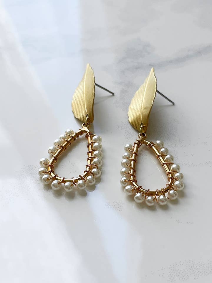 Brass leaf earrings faux pearl drops for wholesale by Pearl and Ivy Studio