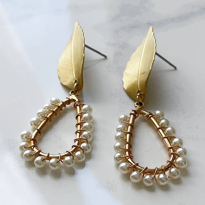 Pearl and Ivy Studio - Wholesale Dangle Earrings - Brass leaf earrings faux pearl drops0