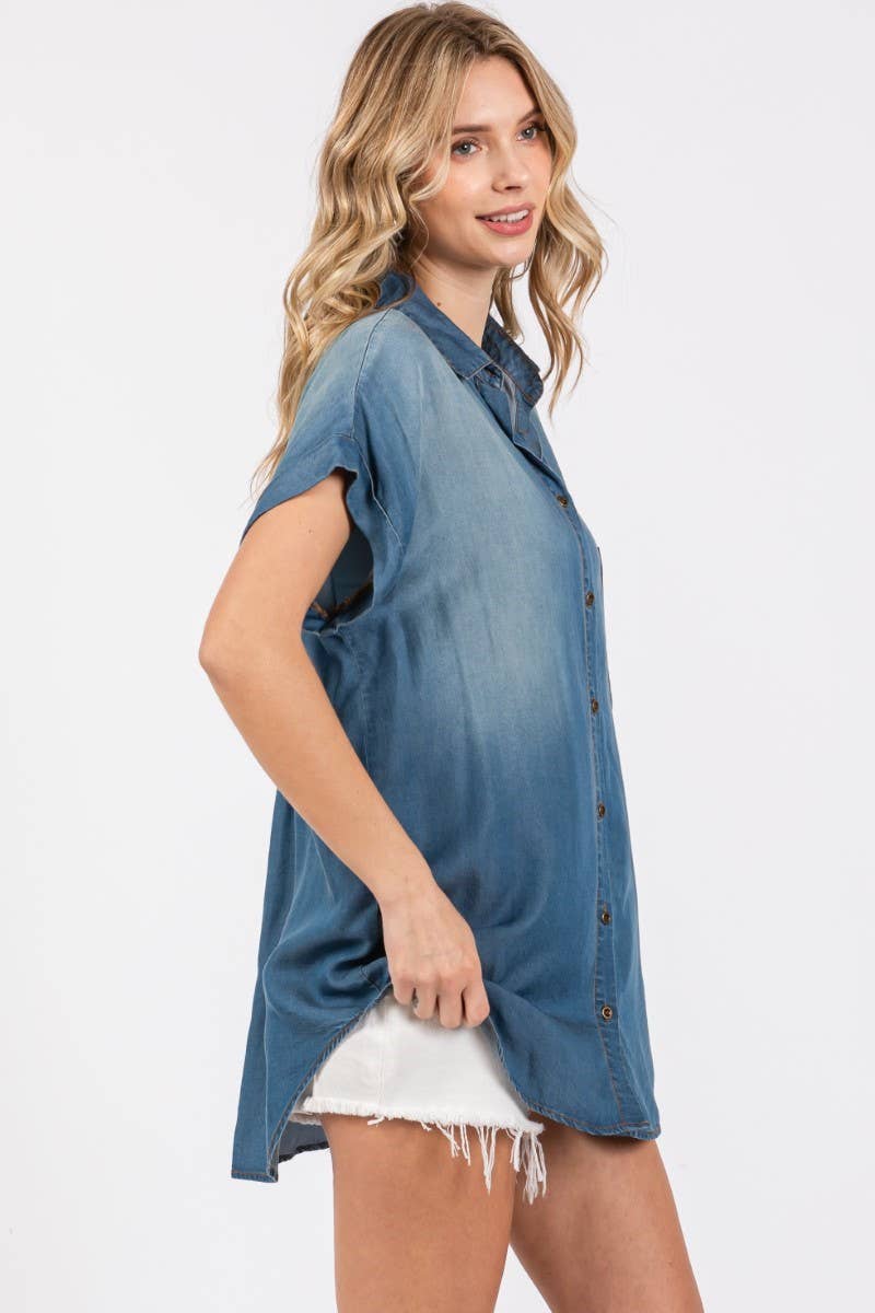 ZiA Apparel - Wholesale Button Down Shirt - Women's - Washed Roll Up Short Sleeve Shirt 3