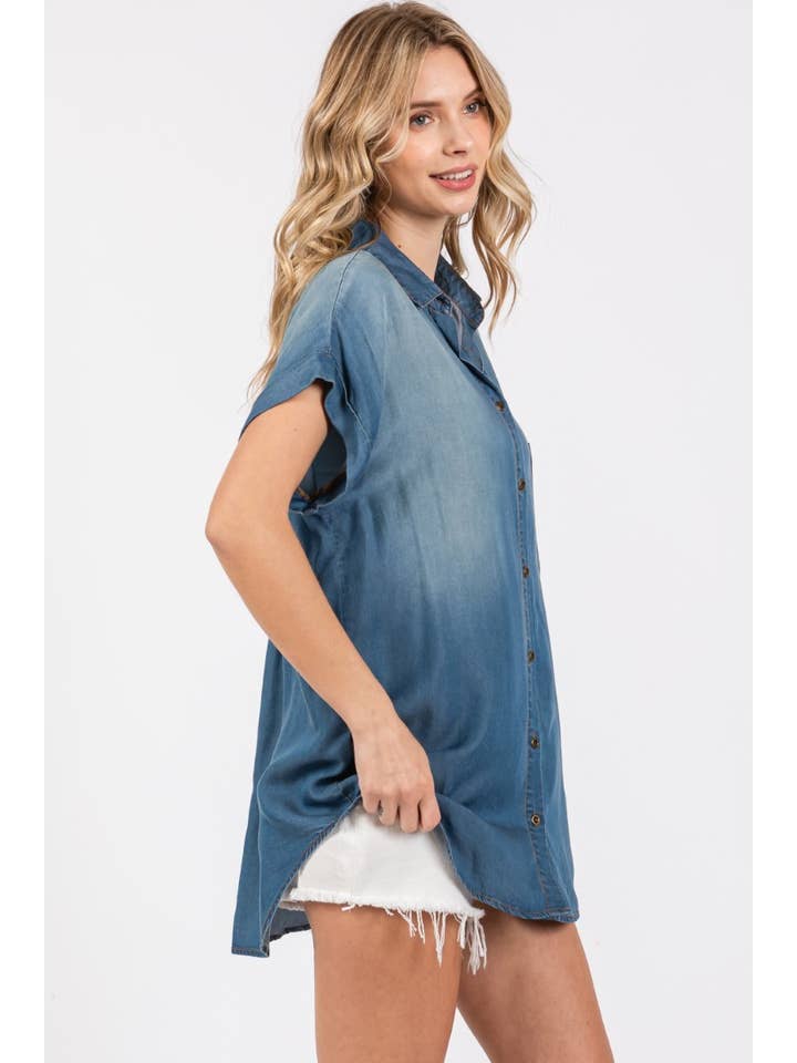 ZiA Apparel - Wholesale Button Down Shirt - Women's - Washed Roll Up Short Sleeve Shirt 3