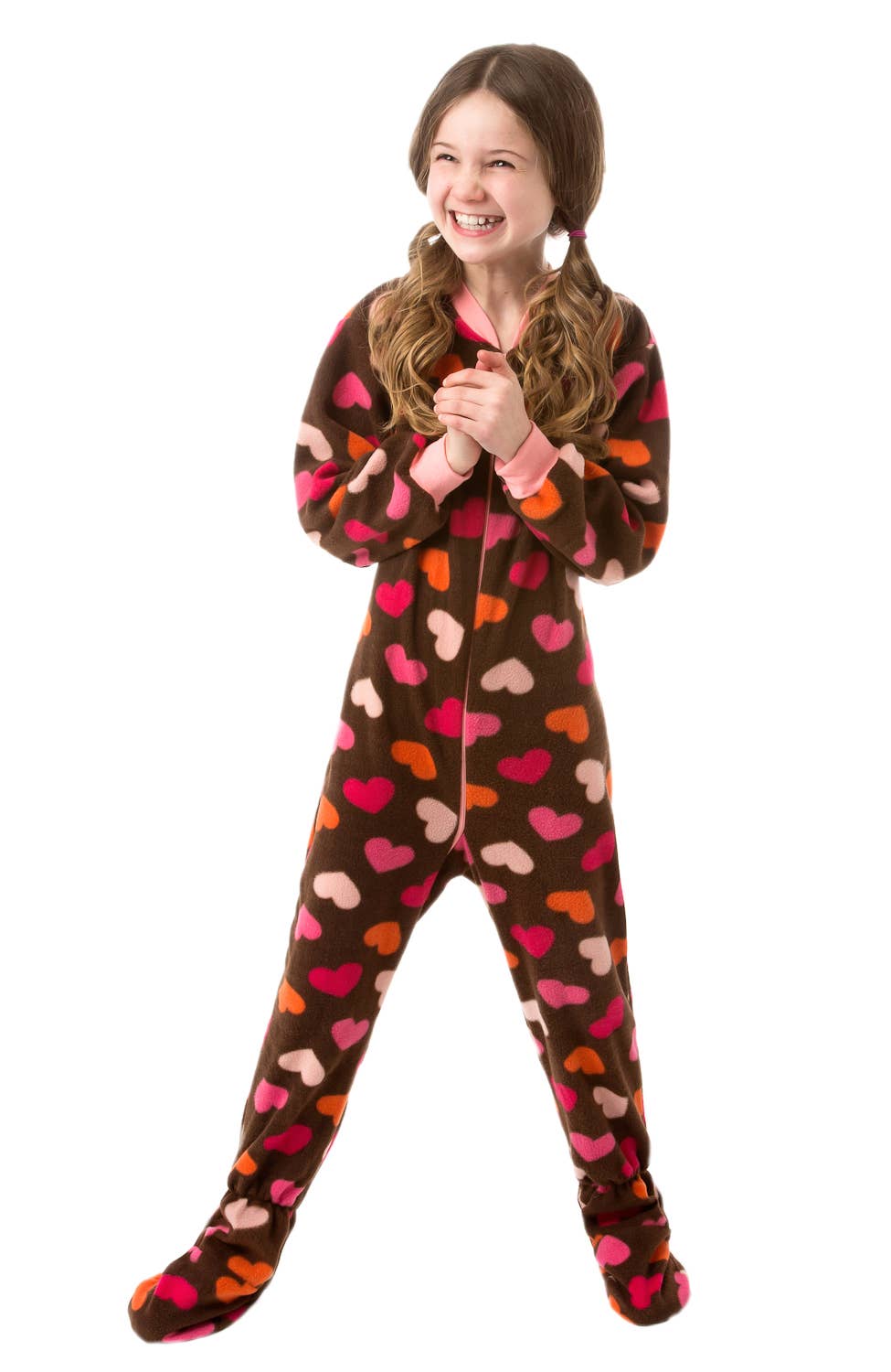 Big Feet Pajamas - Wholesale Onesie - Kids - Chocolate Brown with Colorful Hearts Fleece Onesie Footed0