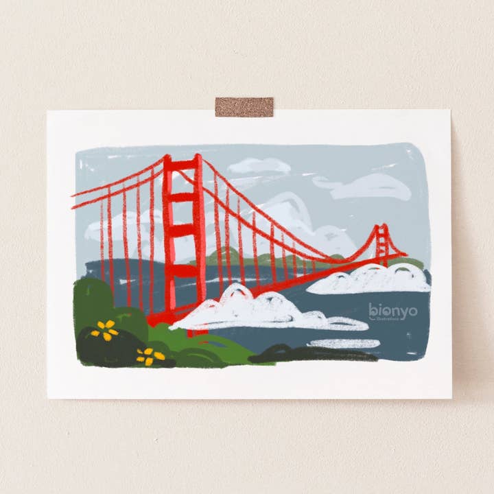 Impression de carte postale du Golden Gate Bridge - San Francisco pour la vente par Bionyo Illustrations