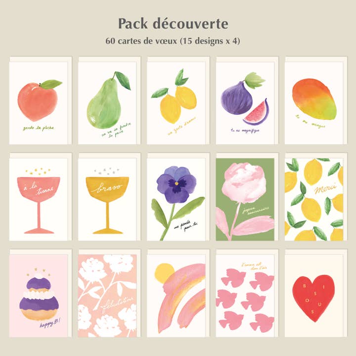 Opdagelsespakke med 60 bedst sælgende lykønskningskort - 15 design for engroshandel hos intemporalis