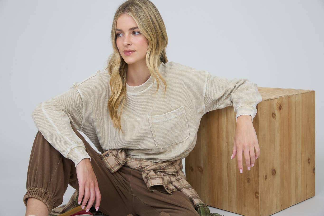 J.O.A - Vente Haut en maille – femme - Haut en maille côtelée à manches longues avec détail de poche délavée10