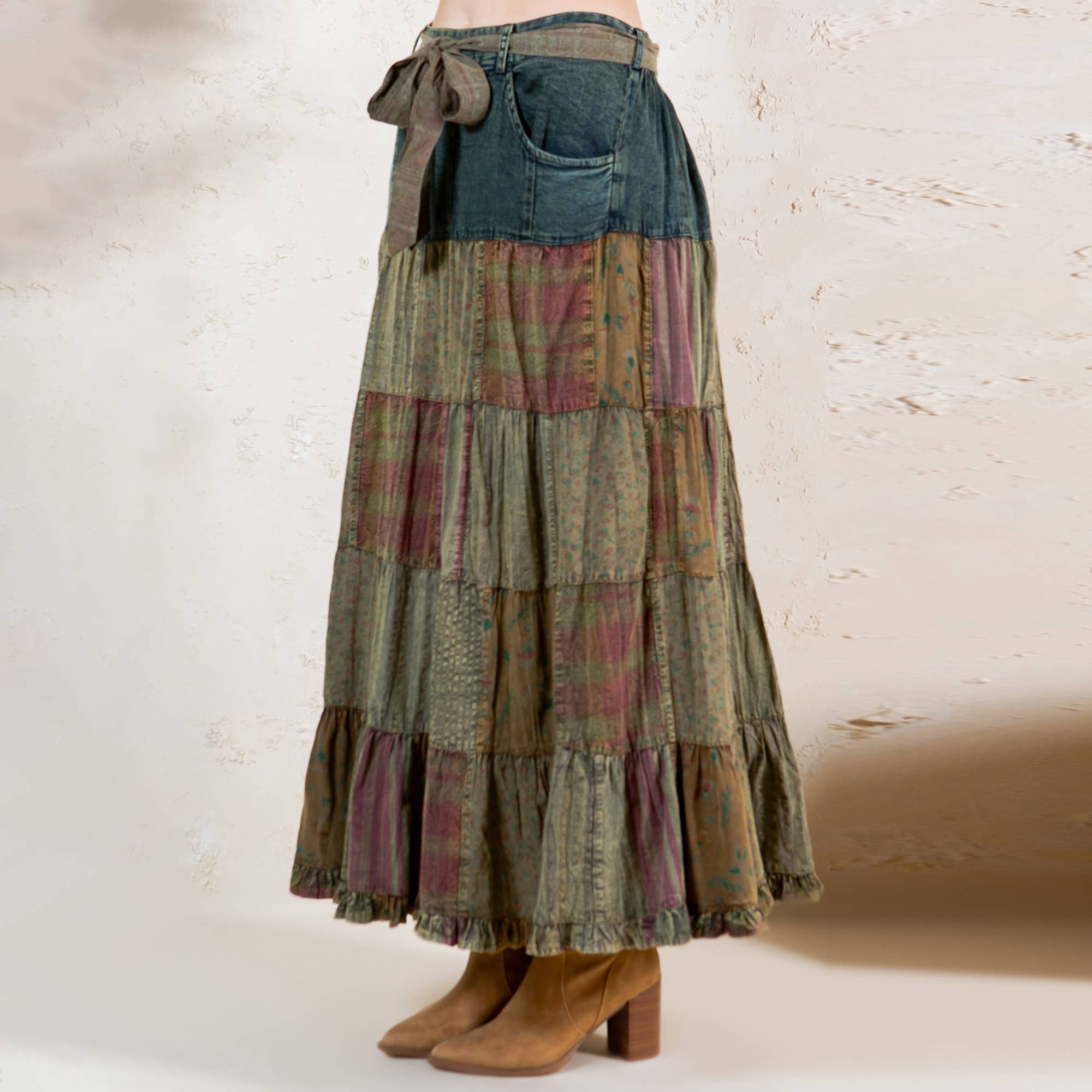 Young Threads - Wholesale Skirt - Women's - Western Boho Chic: Patchwork Belted Skirt  (New Color)7