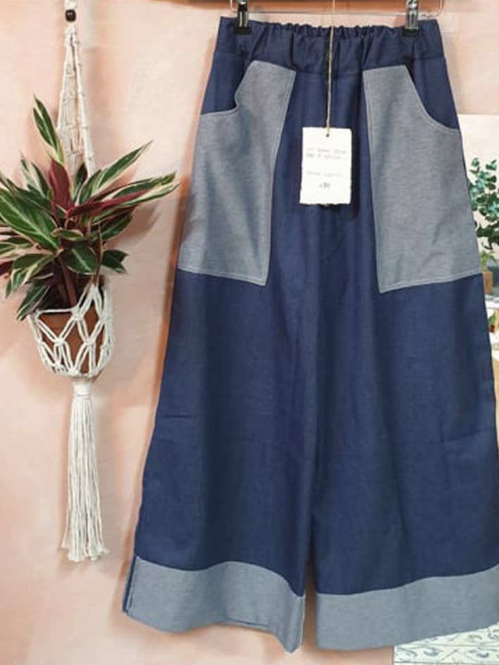 Jupe-culotte en denim contrastant en coton pour la vente par Rudan