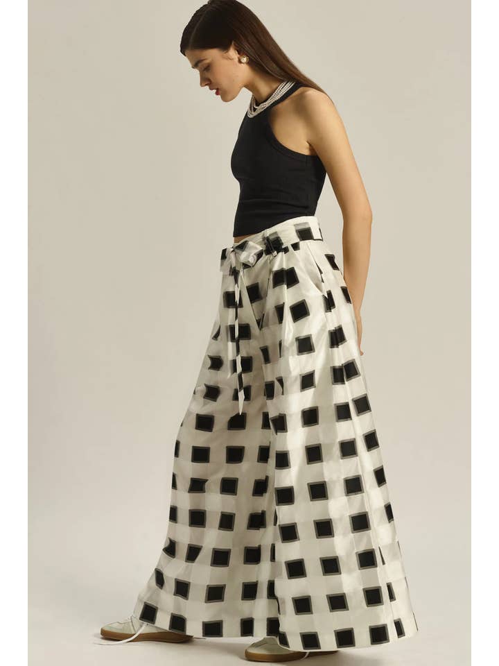 Belted Wide-Leg Pants - Black and White Check for wholesale on Faire