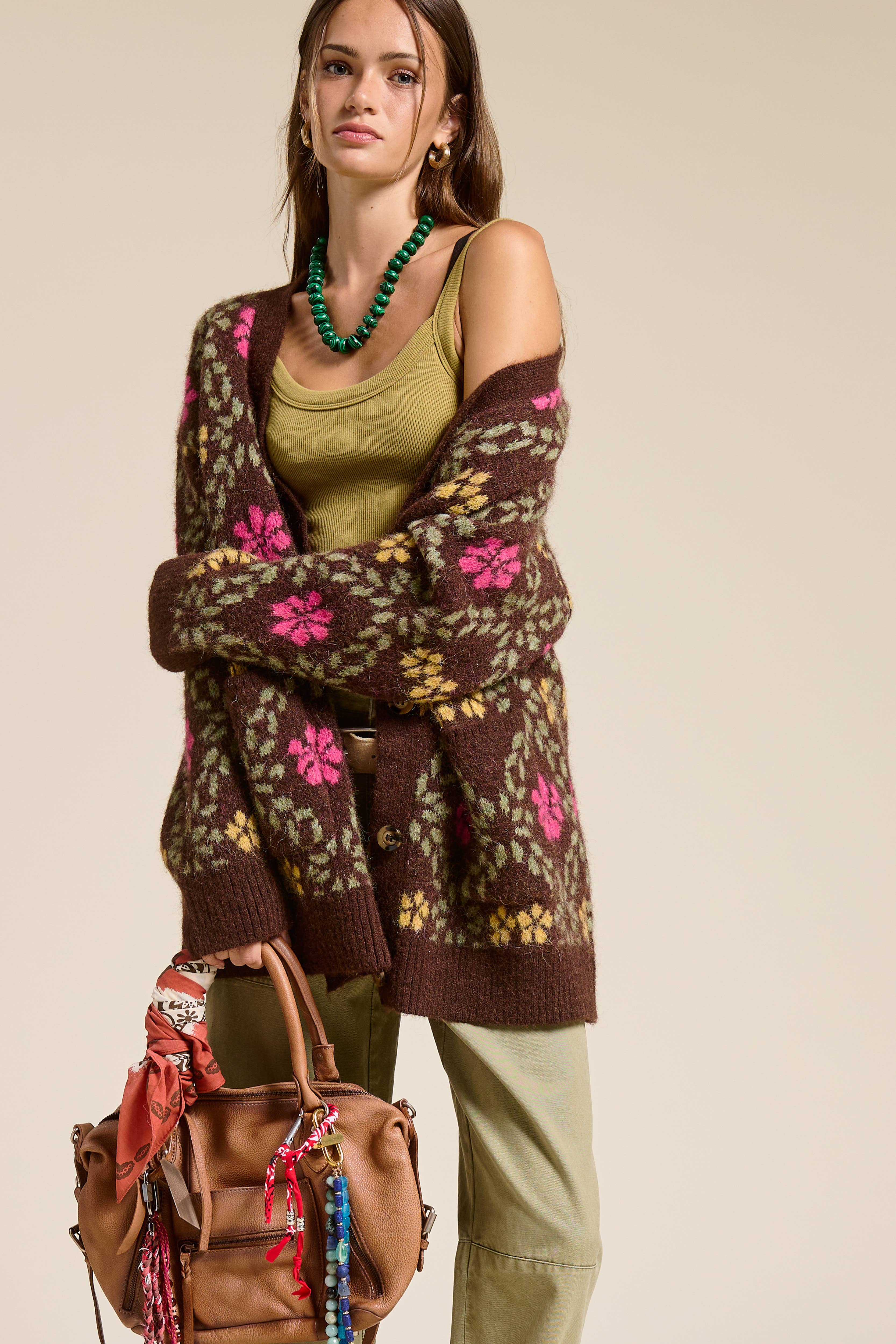 Mimosa - Wholesale Cardigan - Women's - Retro Floral Print Fuzzy Knit Cardigan9