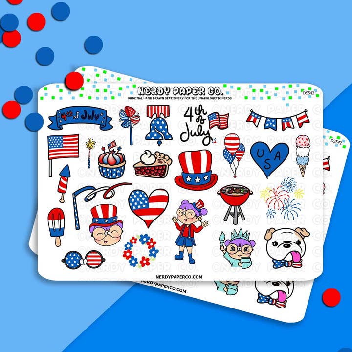 Campionatore del Giorno dell'Indipendenza - Adesivi Decorativi per Pianificatori Disegnati a Mano - DS542 per la vendita all'ingrosso da parte di NERDY PAPER CO.