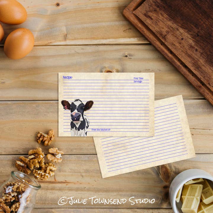 Julie Townsend Studio - Wholesale Recipe Card - Recipe Cards - Set of 12 Adorable Cow Recipe Cards