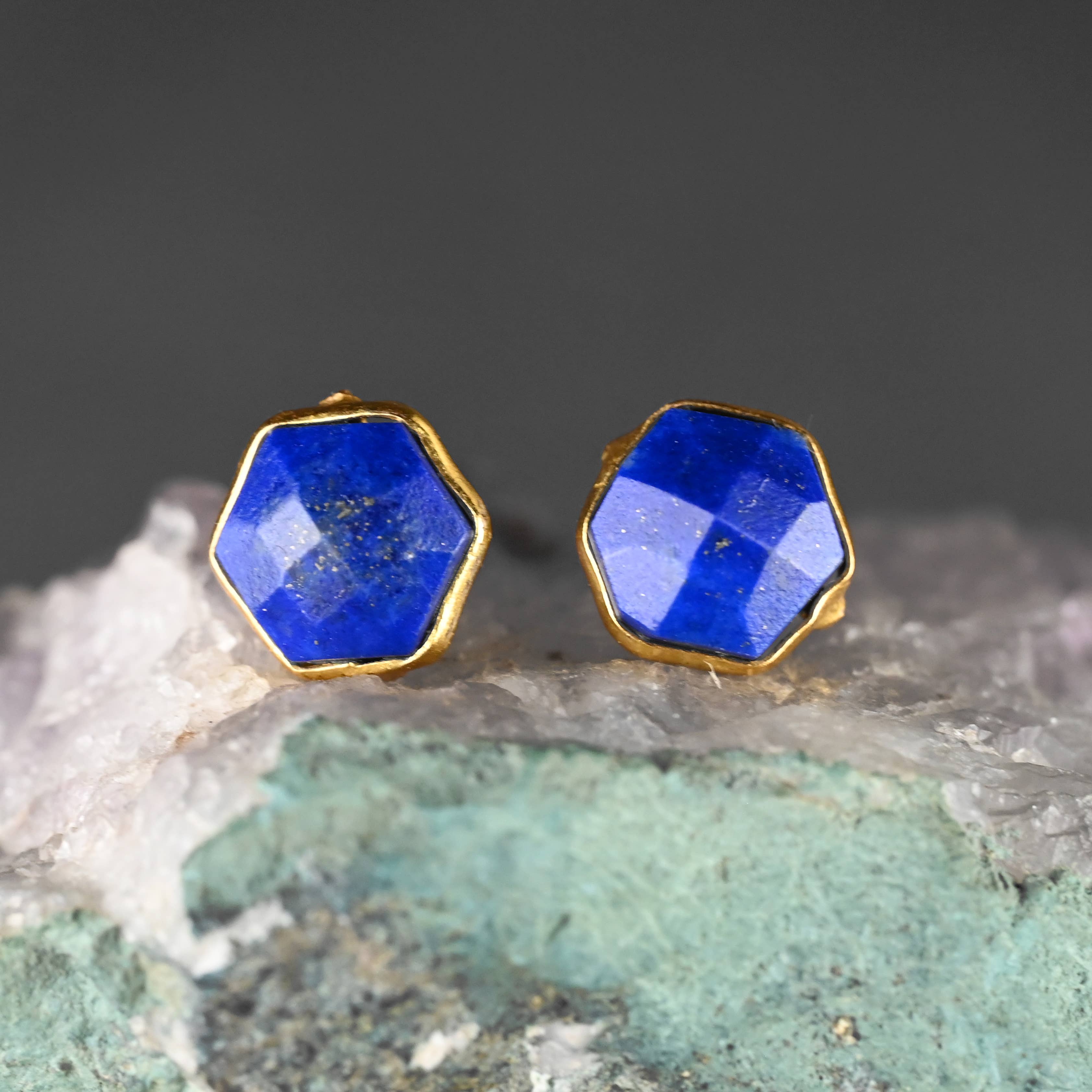 KBD Studio - Wholesale Stud/Post Earrings - Semi Precious Hexagon Gemstone Studs (8mm gold)8