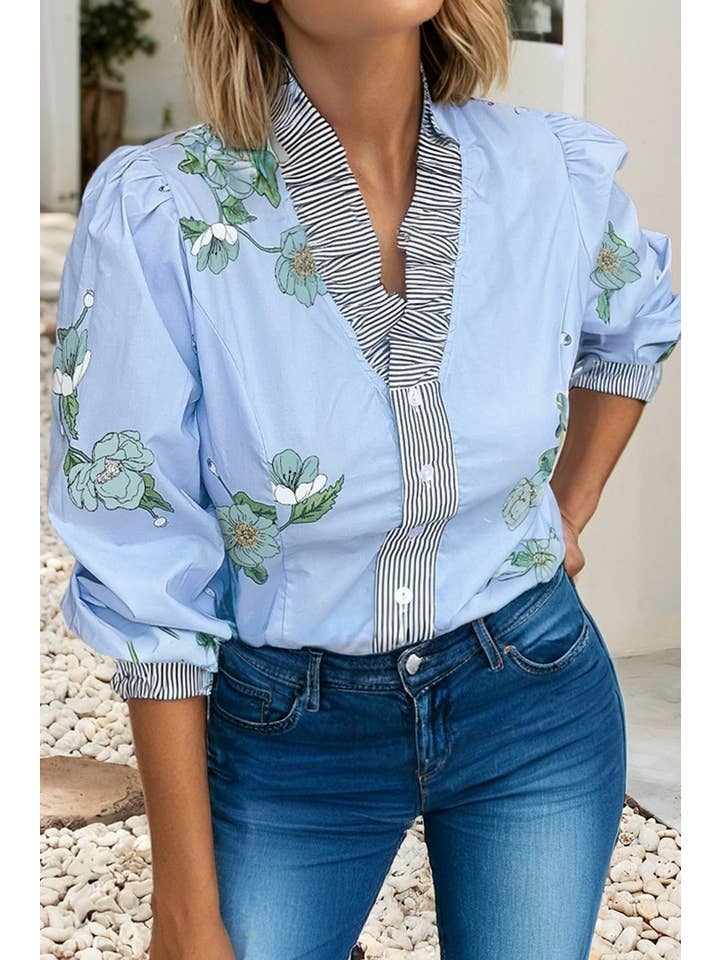 Sky Blue LDC Floral Contrast Striped Trim Ruffled V Neck Fall Blouse for wholesale on Faire1