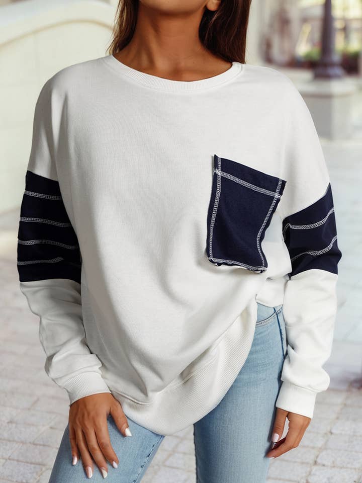 Detail Color Block Patch Pocket Drop Shoulder Sweatshirt for wholesale by 1 the Woman