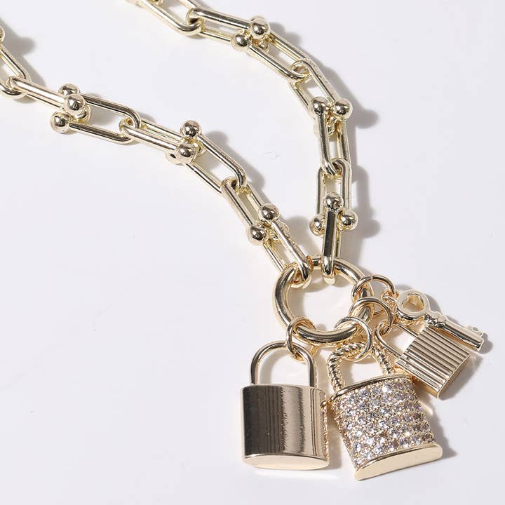CZ Locks Key Pendant Gold Plated Chain Necklace for wholesale by Fashion City