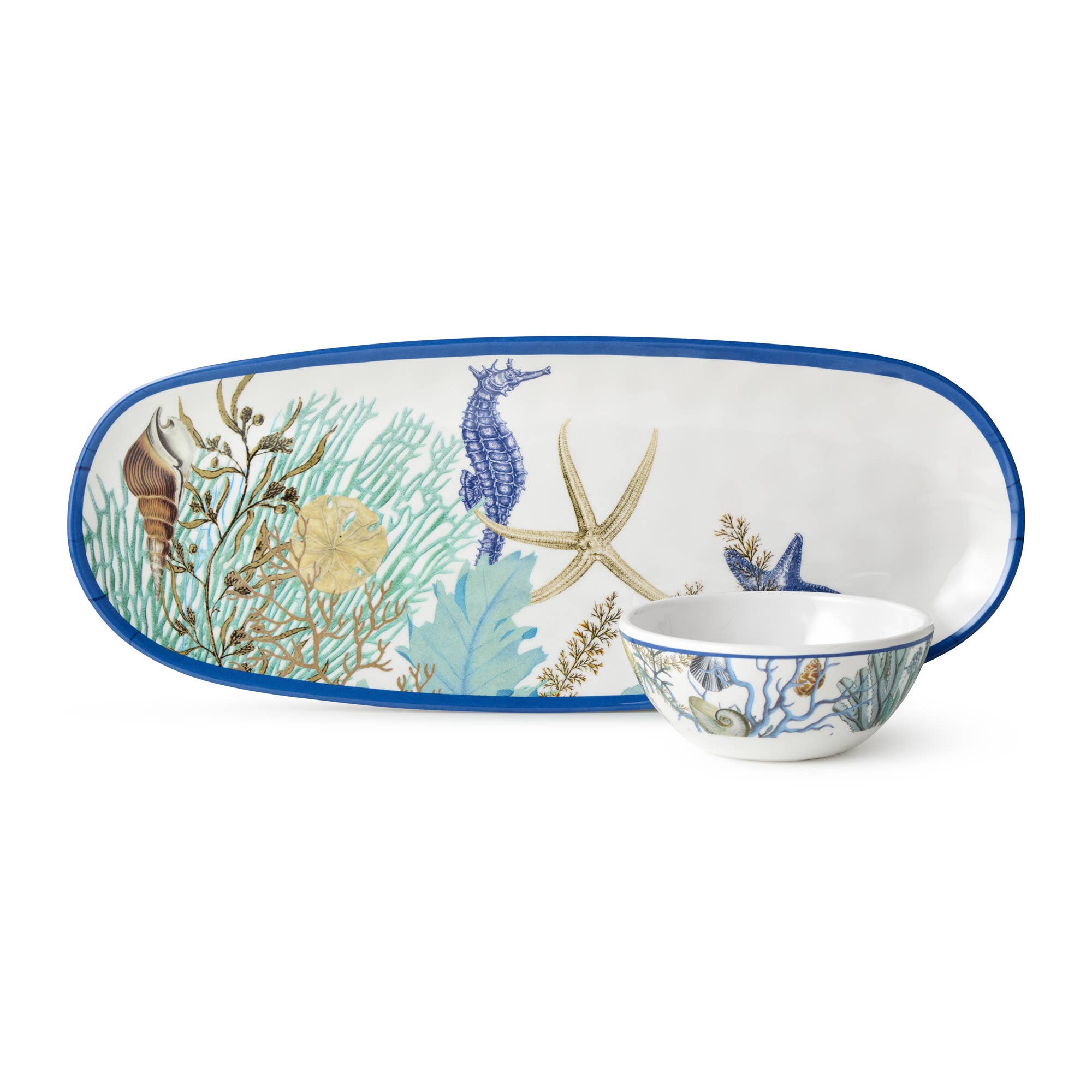 Certified International – Engroshandel Skål til krydderier/dip – Blå Lagune Ovalt Fad 15in x 6in med Dipskål 4,75in x 2in2