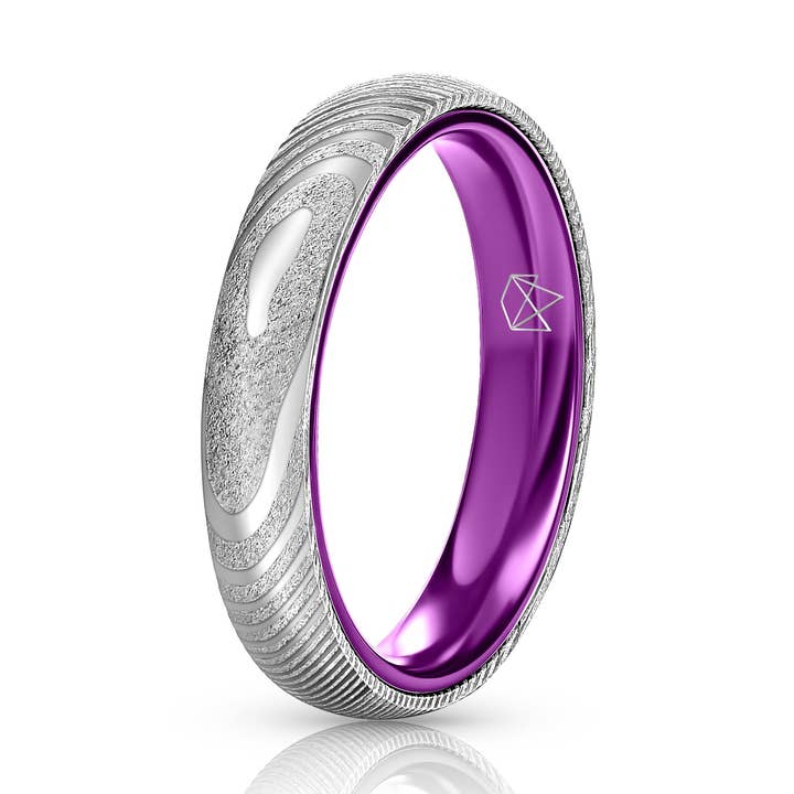Wood Grain Damascus Steel Ring - Resilient Purple - 4MM for wholesale by EMBR