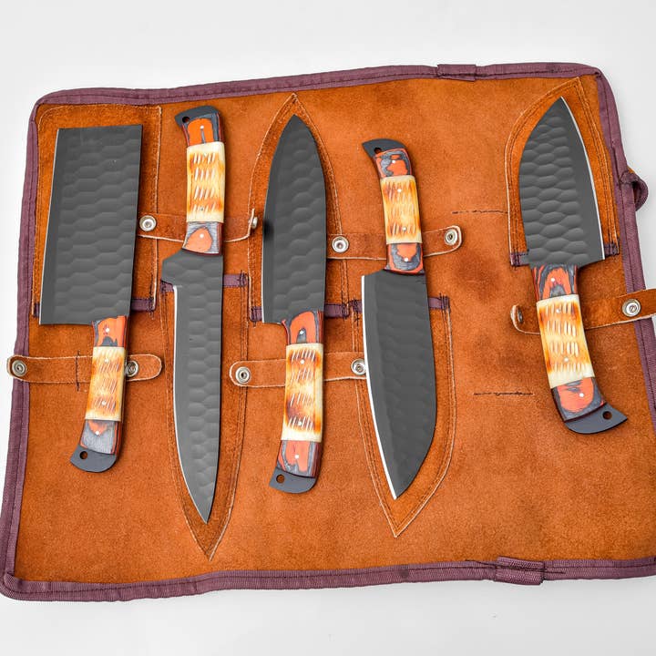 Titan International - Wholesale Knife Set - 5-Piece Knife Set / With Leather carry Bag Burnt Bone