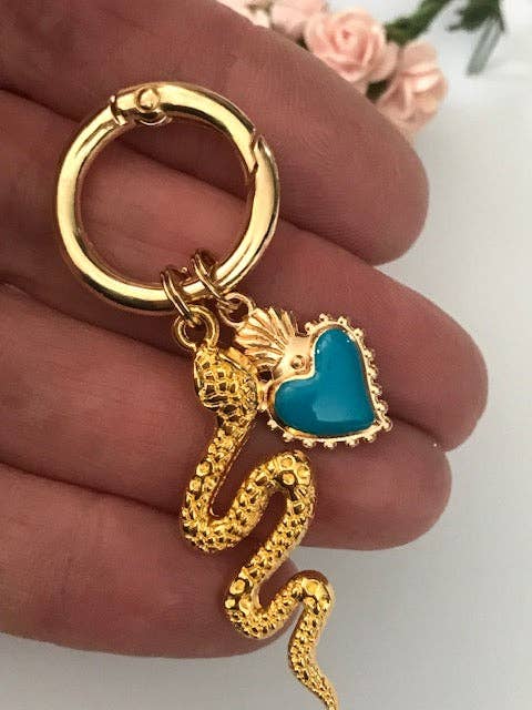 Miss DJ Angel - Wholesale Keychain - Women's - Golden snake charms, heart and snake bag charms, gift for women sacred heart charms, blue heart and snake pendants,2
