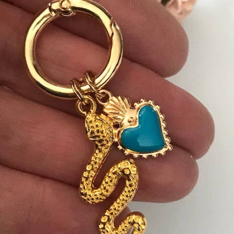 Miss DJ Angel - Wholesale Keychain - Women's - Golden snake charms, heart and snake bag charms, gift for women sacred heart charms, blue heart and snake pendants,2