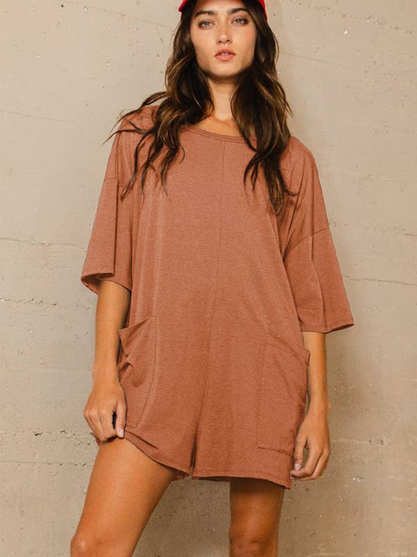 BUCKETLIST - Wholesale Romper - Women's - R5388 Crew Neckline V-back Oversized Solid Romper3