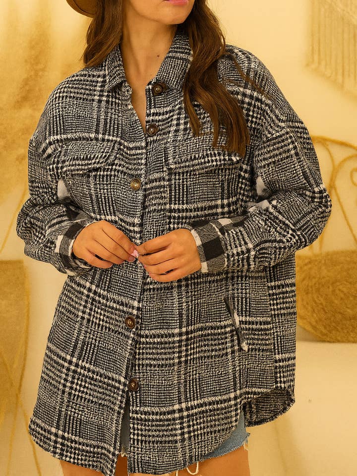 25098 Hundetandsmønster Plaid Kontrast Skjortejakke Oversized Knap-op for engroshandel hos U R My Sunshine