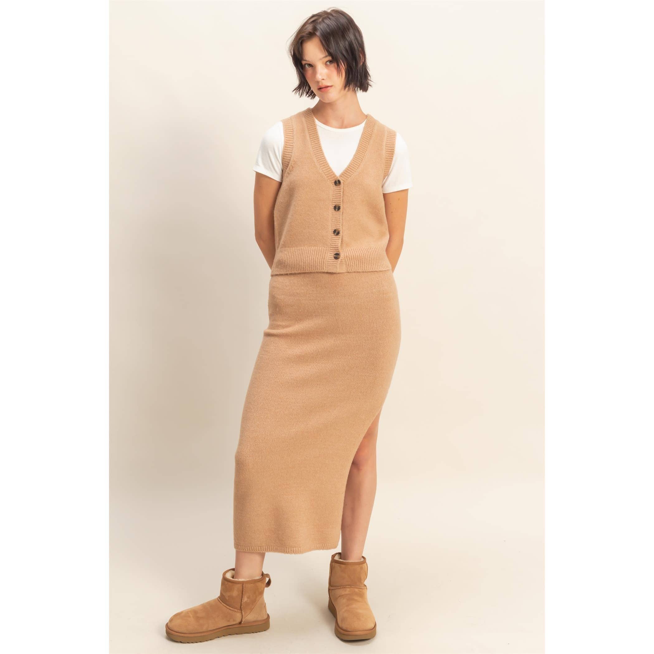 Double Zero - Wholesale Top & Skirt Set - Women's - Button Front Vest & Midi Skirt Knit Set34