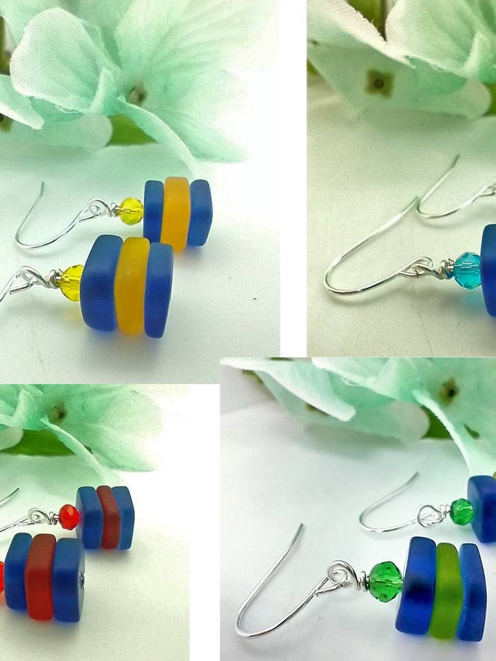 Stablede firkantede mørkeblå havglas øreringe, sølvdingle for engroshandel hos Bad Apple Designs