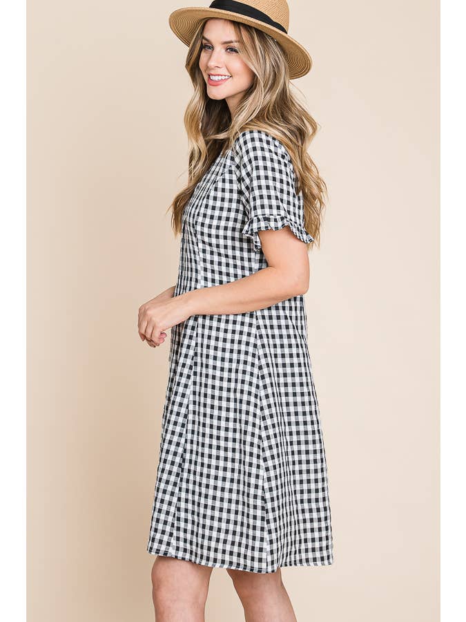 BLACK WHITE Gingham V-Neck Short Sleeve Button Down Dress for wholesale on Faire