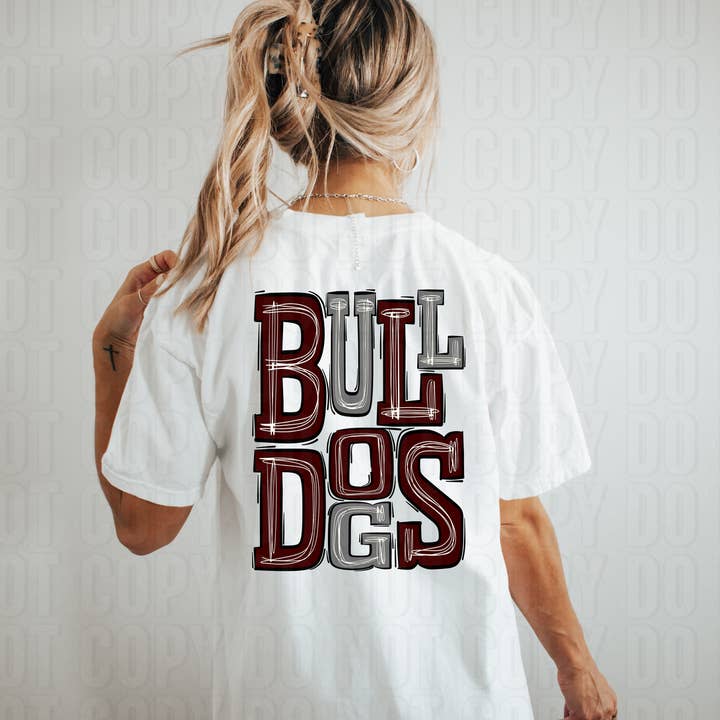 Bulldogs Maroon/Grey Sporty Mascot DTF Transfer for wholesale by K and M Designs