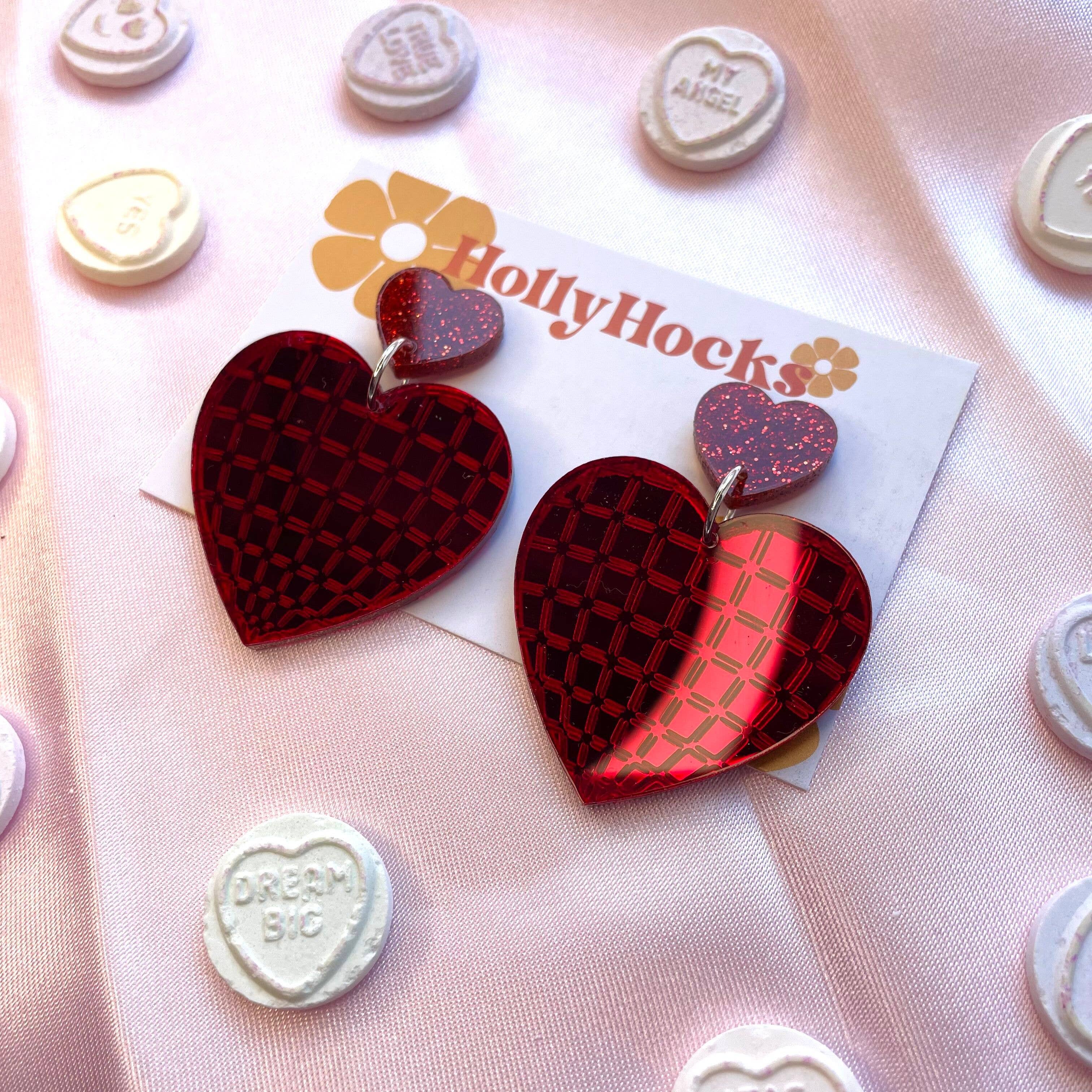 HollyHocks Jewellery – wholesale Dangle earrings – Disco Love Heart Acrylic Earrings3