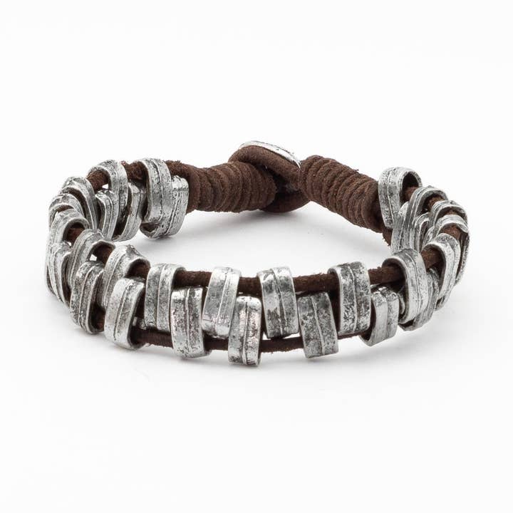 Armbånd 16 af naturlæder og sammenflettede metalstykker for engroshandel hos wildRoots