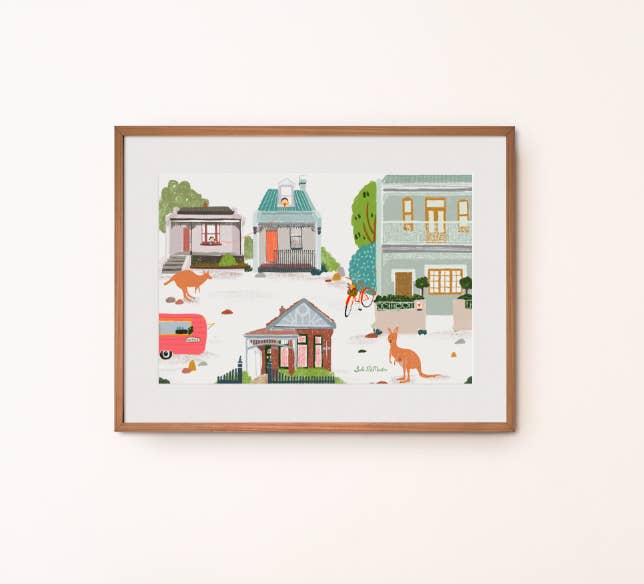 Suki McMaster - Wholesale Art print - Australian Animal Wall Art Print - Lockdown Melbourne Houses Koala Kangaroo by Suki McMaster
