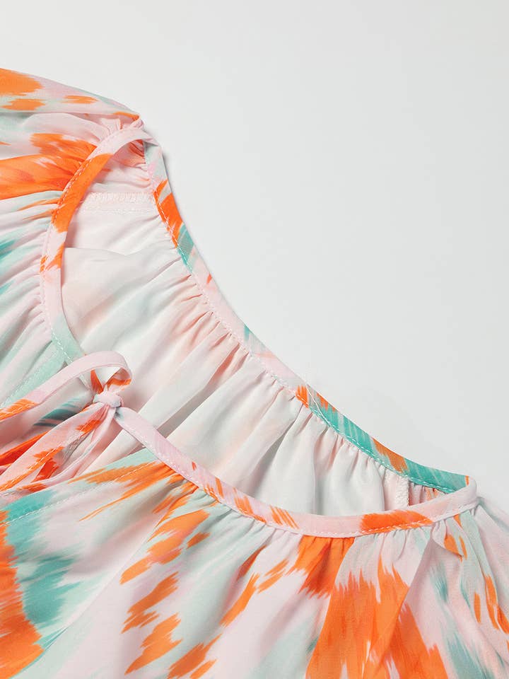 Multicolor Abstract Print Split Neck Puff Sleeve Blouse for wholesale on Faire