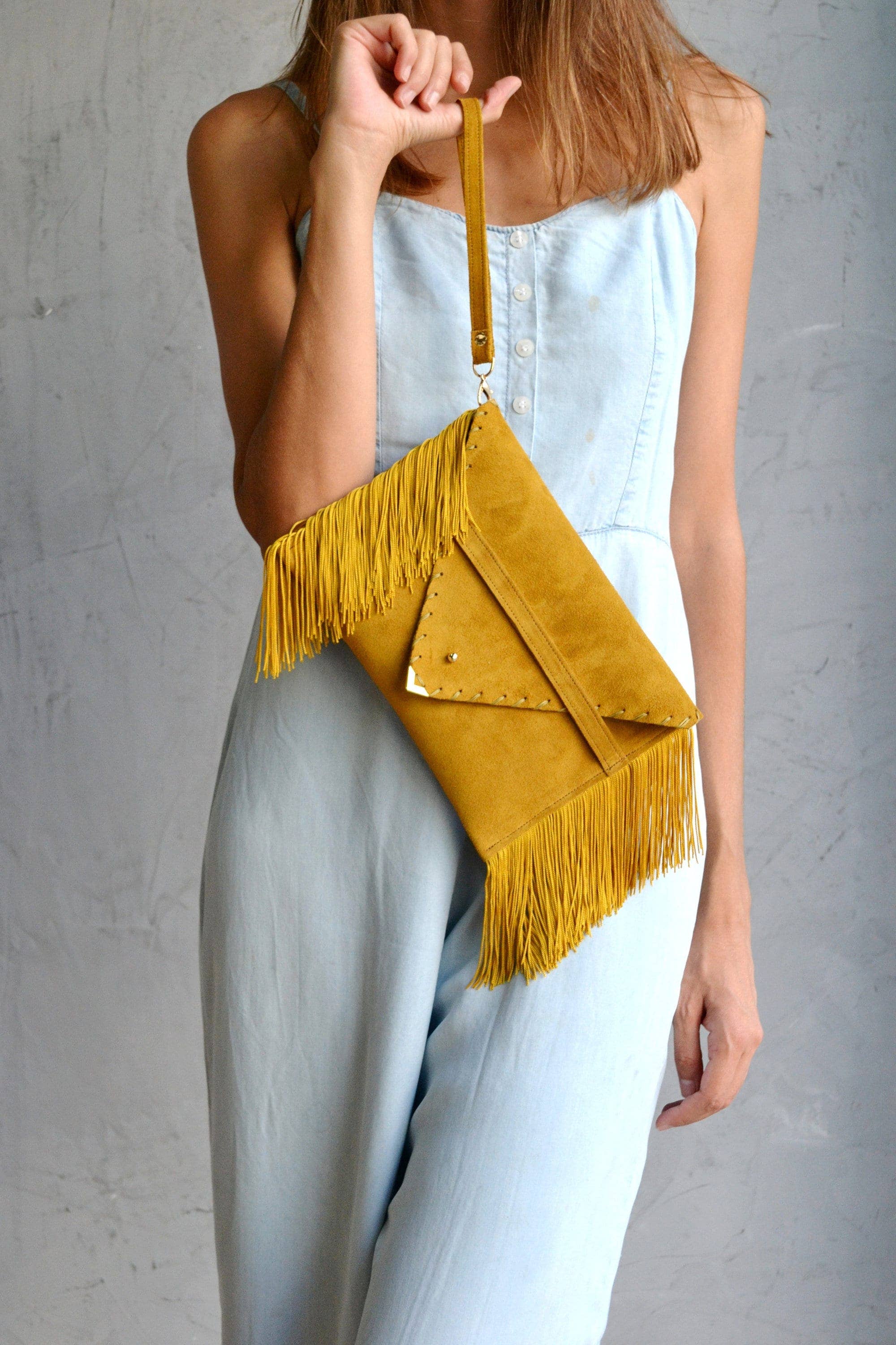 ANA KOUTSI - Wholesale Clutch Bag - Women's - Medusa Clutch in mustard with silk fringes1