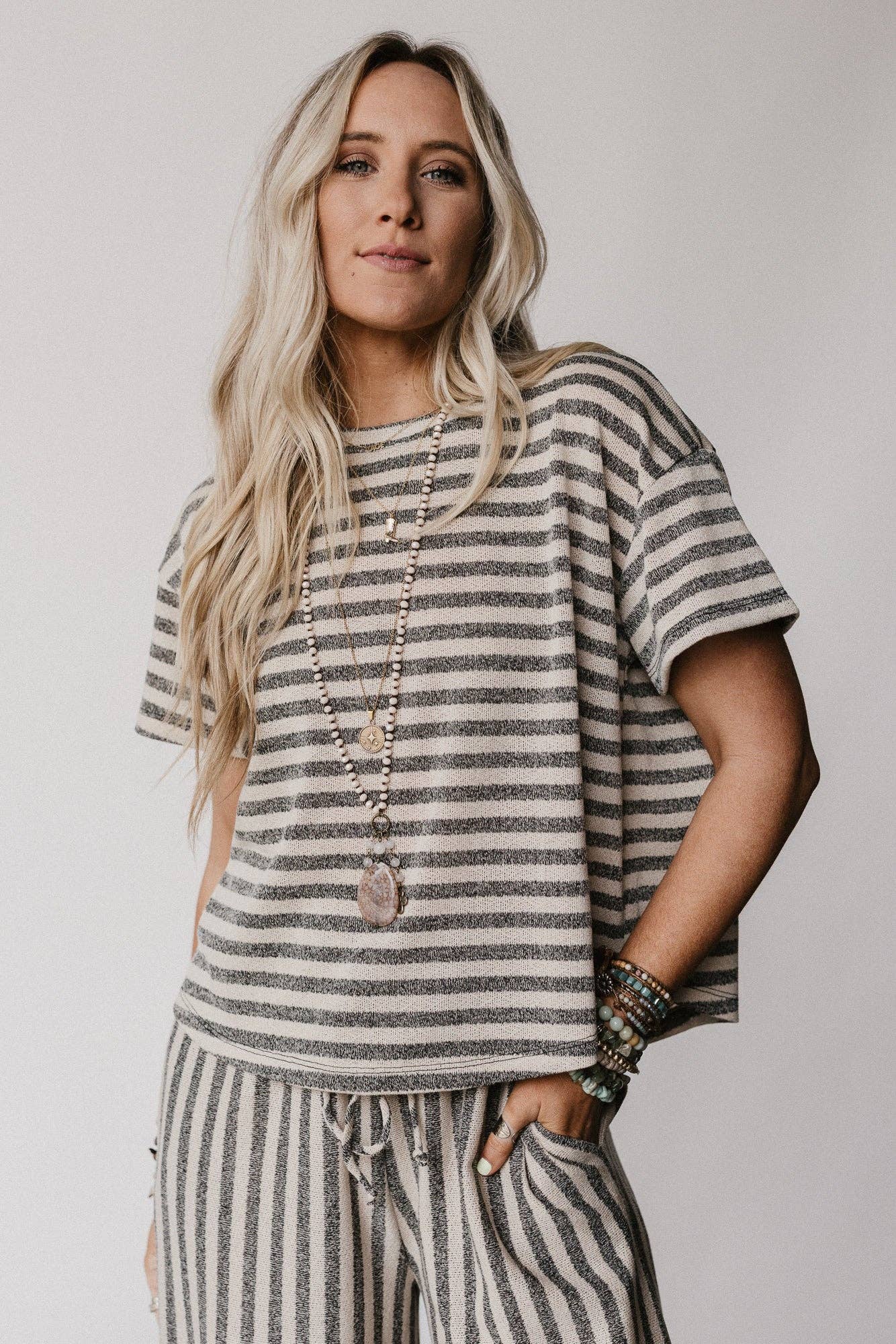 Ibiza Breeze Striped Top - Taupe Black for wholesale on Faire3